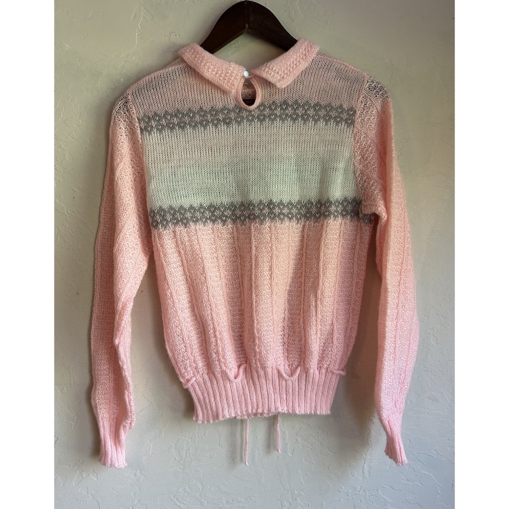 Vintage Mademoiselle Pullover Sweater S Floral 80s Collared Baby Pink S - Picture 2 of 8